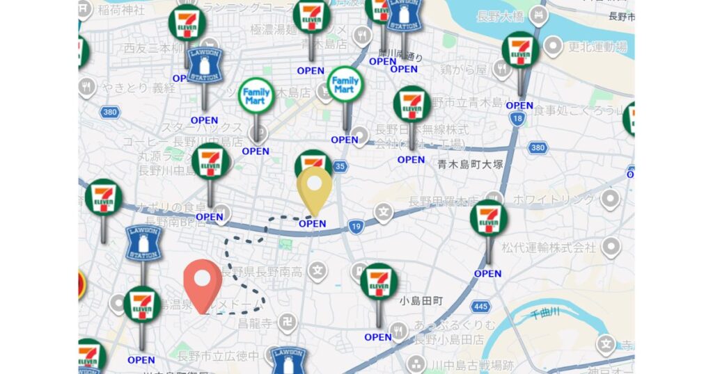 地図アプリ上で周辺のコンビニエンスストアの位置を検索・確認している画面