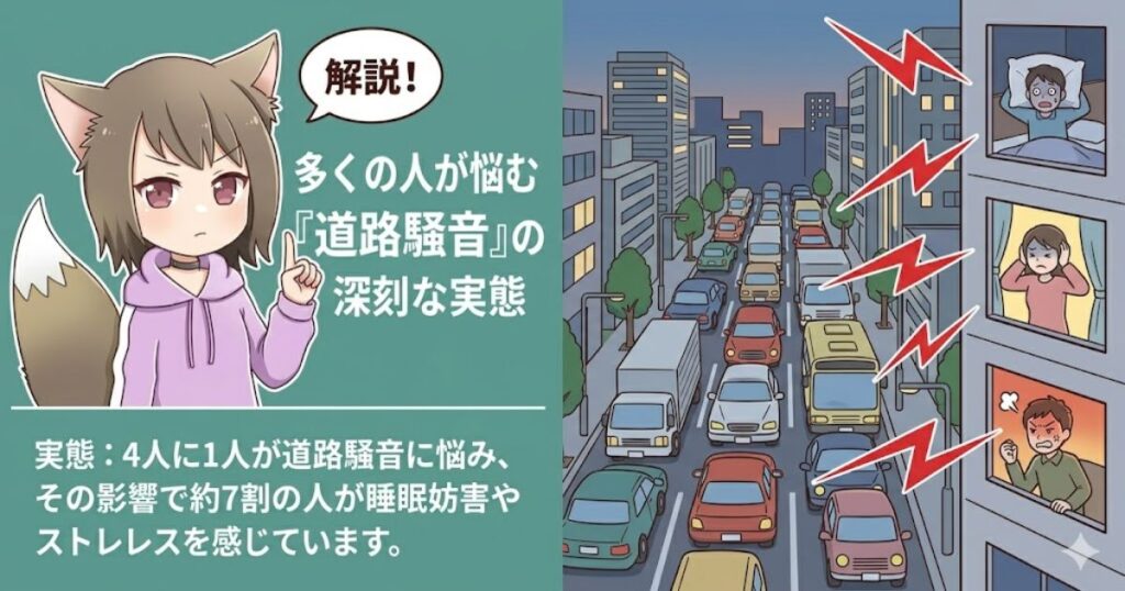 道路騒音がもたらす睡眠妨害やストレスへの深刻な影響を解説するイラスト