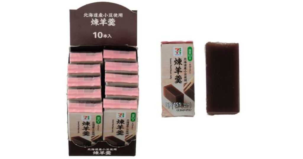 セブンプレミアム「煉羊羹」の箱入りパッケージと個包装、中身の羊羹