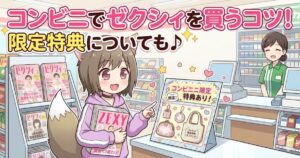 コンビニでゼクシィを購入する女性のイラストと、コンビニ限定特典の案内ポップ