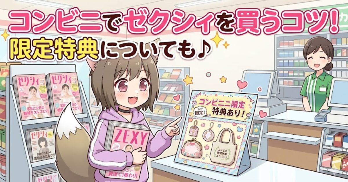 コンビニでゼクシィを購入する女性のイラストと、コンビニ限定特典の案内ポップ