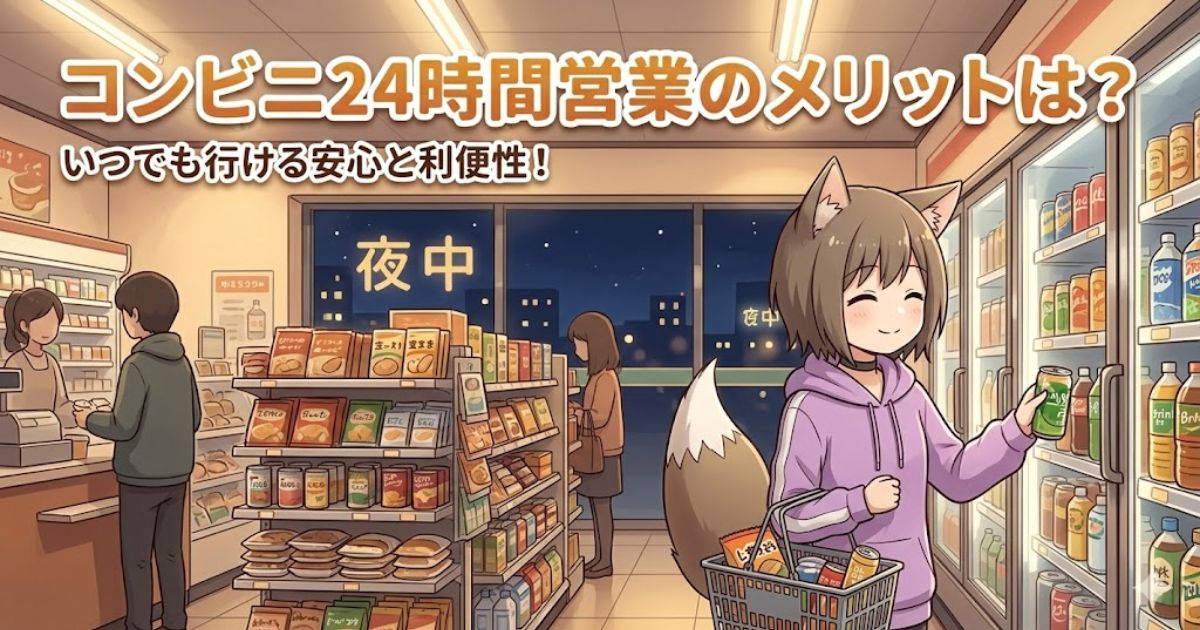 「深夜のコンビニエンスストアで買い物をするキツネ耳のパーカーを着た女性のイラスト。上部には『コンビニ24時間営業のメリットは？いつでも行ける安心と利便性！』というテキストが配置されています。」