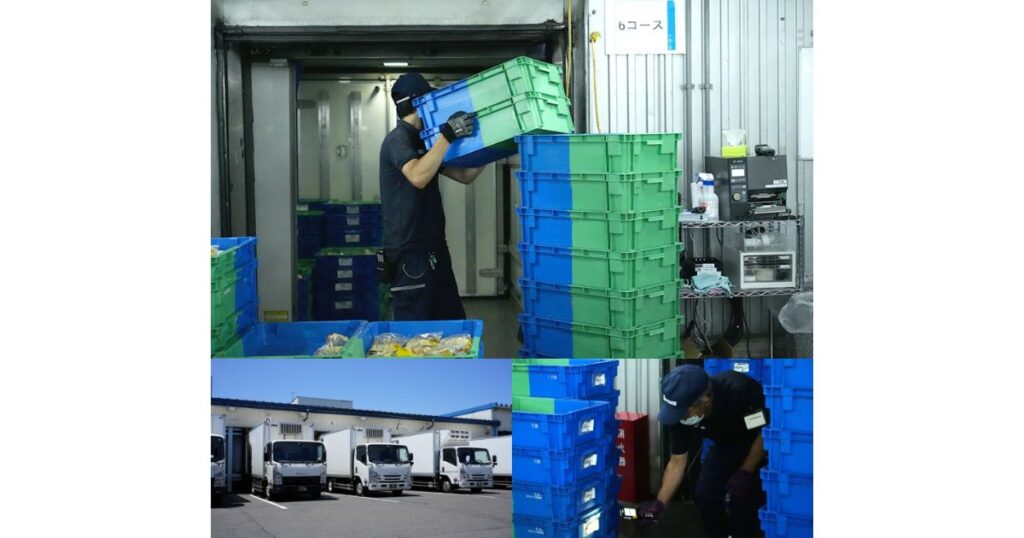 深夜の配送センターでトラックに荷物を積み込む作業員や、店舗に到着した配送トラックの様子を組み合わせた写真。」