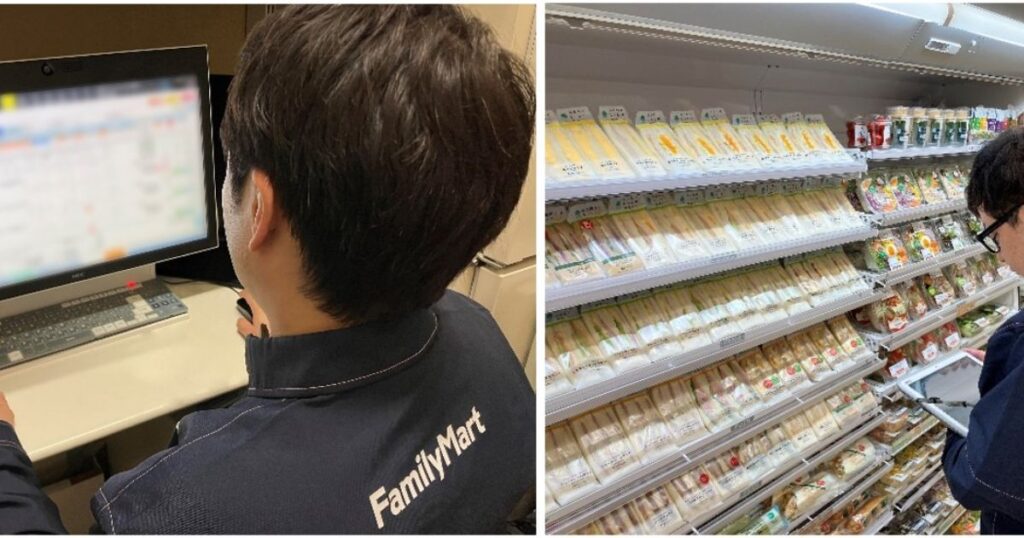 「ファミリーマートの制服を着た店員がバックヤードでパソコンの画面を見ている様子と、陳列棚でサンドイッチなどの商品を確認しながらタブレット端末を操作している様子。」