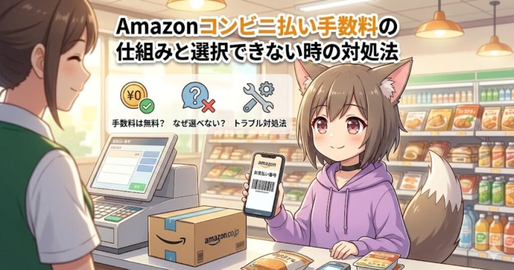 Amazonのコンビニ払い手数料の仕組みと、支払い方法が選択できない時の対処法を解説する、コンビニのレジを背景にしたアイキャッチ画像。