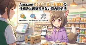 Amazonのコンビニ払い手数料の仕組みと、支払い方法が選択できない時の対処法を解説する、コンビニのレジを背景にしたアイキャッチ画像。