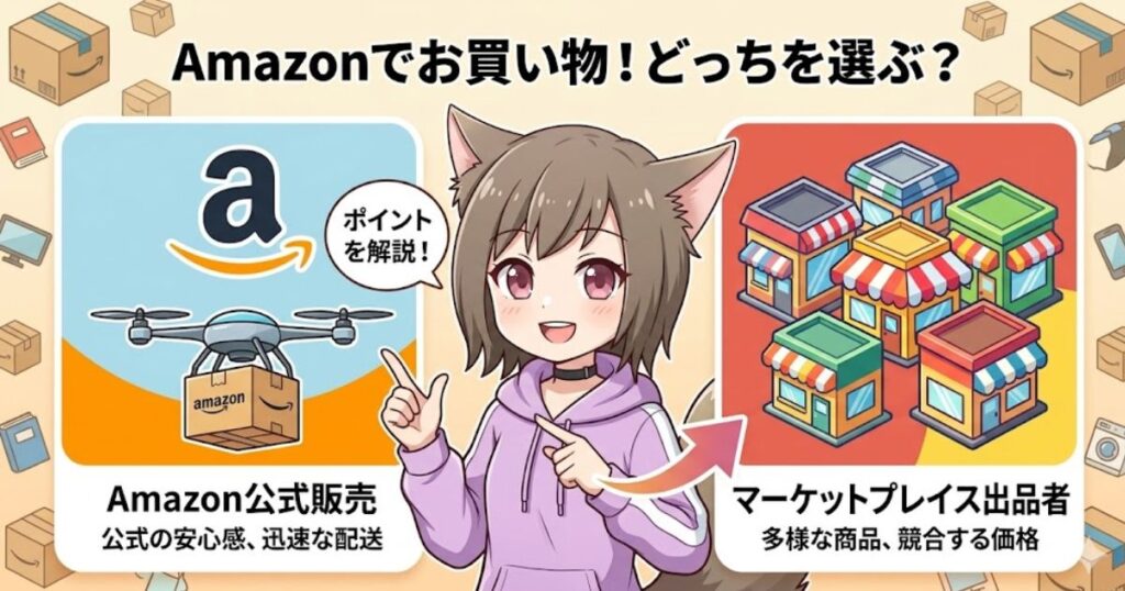 Amazon公式販売とマーケットプレイス出品者の違いを比較解説するイラスト。販売形態によってコンビニ払いの可否が変わることを説明する画像。
