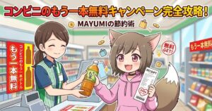 「コンビニのもう一本無料キャンペーン完全攻略！ MAYUMIの節約術」というタイトルと共に、コンビニのレジで店員からお茶を受け取り、無料クーポンの印字されたレシートを持って喜ぶ猫耳の女の子のイラスト。
