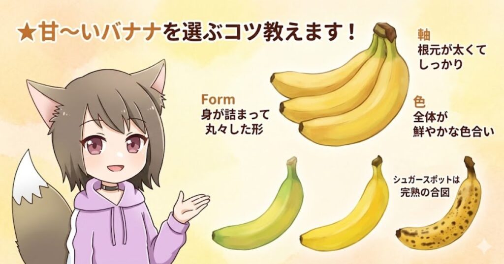 美味しいバナナの選び方（丸みのある形、太い軸、鮮やかな色、シュガースポット）を女性キャラクターが解説している図解イラスト