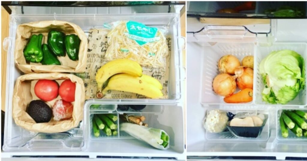 バナナやトマトなどの野菜・果物が、紙袋やプラスチックケースを使って綺麗に整理収納されている冷蔵庫の野菜室