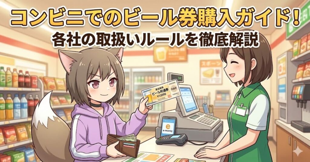 コンビニのレジで財布を持ちビール券を購入しようとしているキャラクターのイラスト