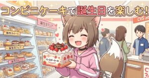 コンビニエンスストアの店内で誕生日ケーキを持って笑顔の女の子のイラスト