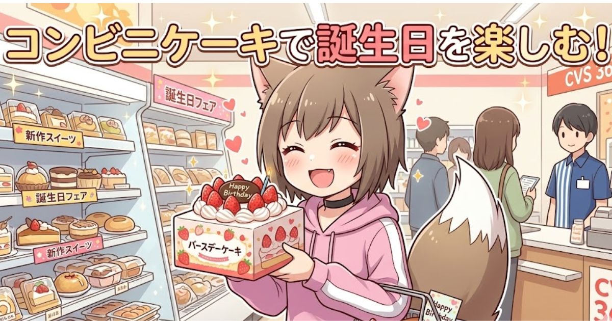 コンビニエンスストアの店内で誕生日ケーキを持って笑顔の女の子のイラスト