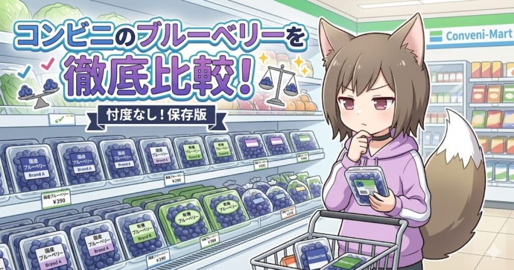 コンビニエンスストアの店内イラスト。棚には様々なブルーベリー商品が並ぶ。中央上部には「コンビニのブルーベリーを徹底比較！忖度なし！保存版」のタイトル。右側には、紫のパーカーを着た猫耳の女の子が買い物カートを引きながら、商品を手に取って比較検討している。