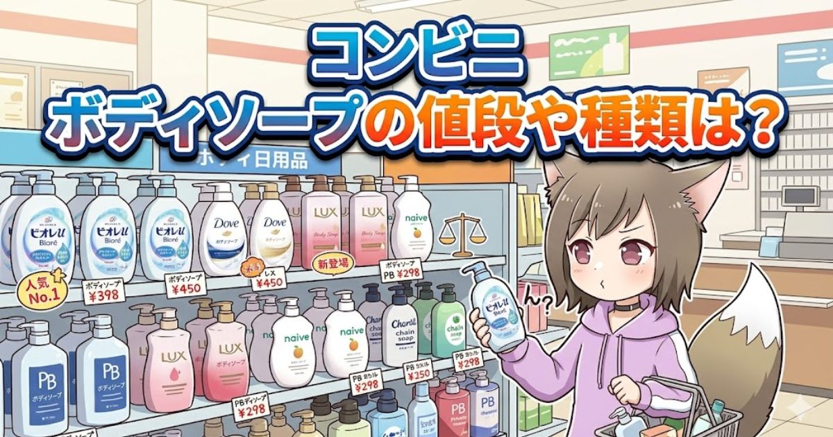 コンビニの棚の前でボディーソープを選ぶ女の子のイラストと「コンビニ ボディソープの値段や種類は？」というタイトルが入ったアイキャッチ画像