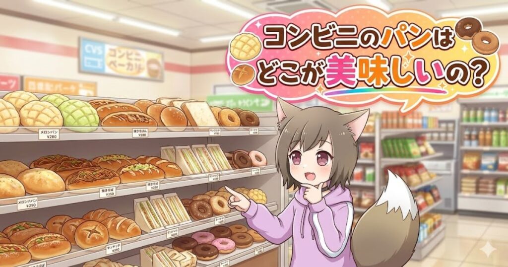 コンビニのパン棚の前に立つアニメ調の女性キャラクターと、「コンビニのパンはどこが美味しいの？」という文字が書かれたアイキャッチ画像