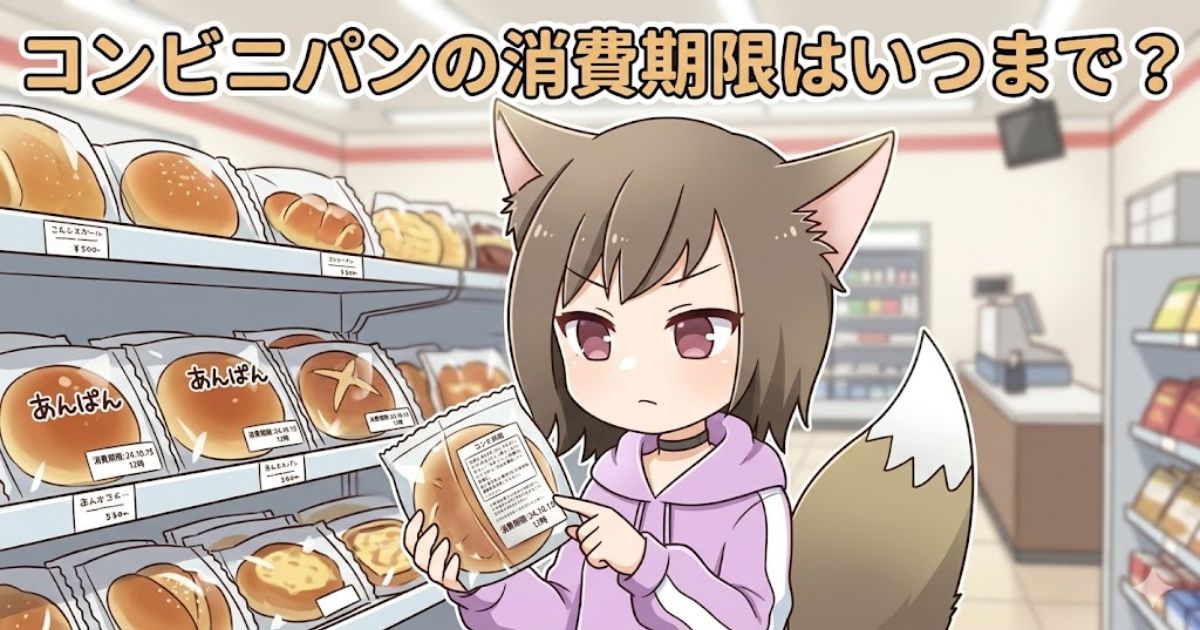 コンビニのパン売り場で、アニメ風のネコ耳少女がアンパンのパッケージを指さし、消費期限を確認している。上部には「コンビニパンの消費期限はいつまで？」というテキストがある。