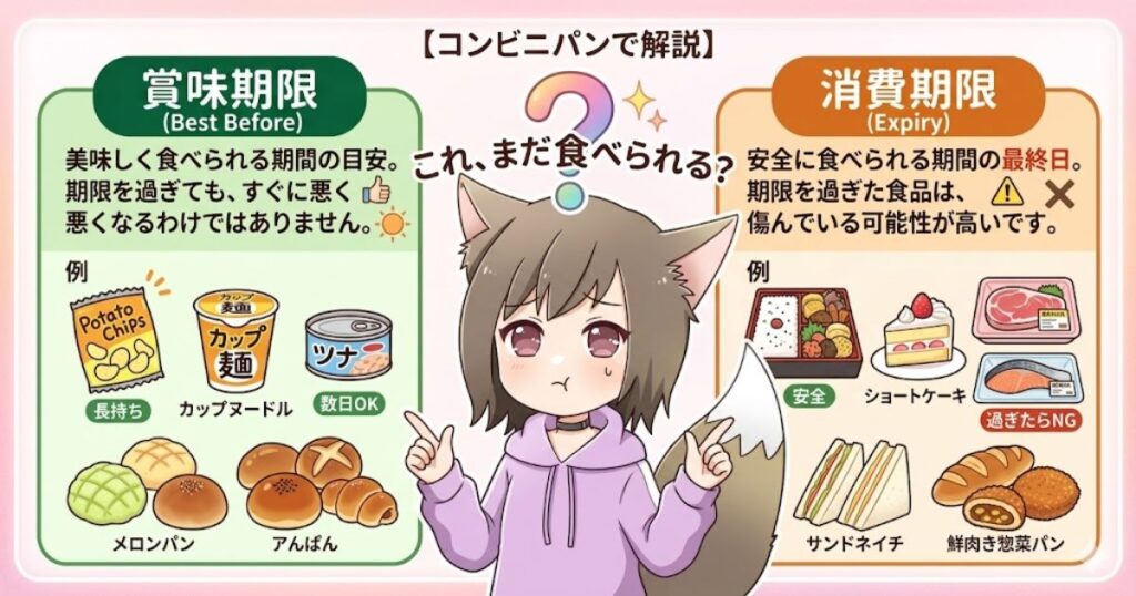 図解。左側の緑の枠は「賞味期限（美味しく食べられる期間の目安）」を、右側のオレンジの枠は「消費期限（安全に食べられる期間の最終日）」を、それぞれのマークと具体的な食品例（ポテトチップス、アンパン、お弁当、サンドイッチなど）とともに比較・解説している。中央には疑問を浮かべるネコ耳少女のイラストがある。