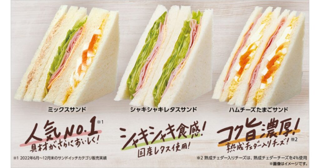 木目調のテーブルに並べられた3種類のサンドイッチの画像。左から「ミックスサンド」、「シャキシャキレタスサンド」、「ハムチーズたまごサンド」があり、それぞれの美味しさや特徴を伝えるキャッチコピーが添えられている。