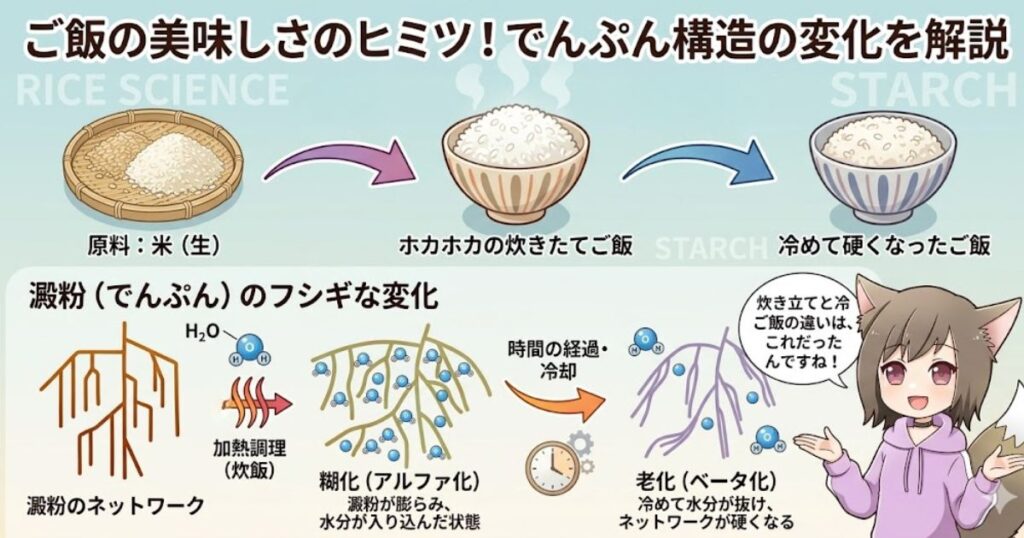 「ご飯の美味しさのヒミツ！でんぷん構造の変化を解説」と題した図解。上段では生米から炊きたて、冷めたご飯への変化を、下段ではでんぷんの構造が加熱（糊化）と冷却（老化）によってどう変わるかを、アニメ風のネコ耳少女の解説とともに示している。