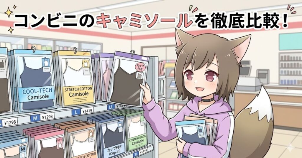 萌え系のキツネ耳キャラクターがコンビニの衣料品コーナーでキャミソールを選んでいる。棚には様々なキャミソール商品が並んでおり、上部には「コンビニのキャミソールを徹底比較！」のテキストがある。