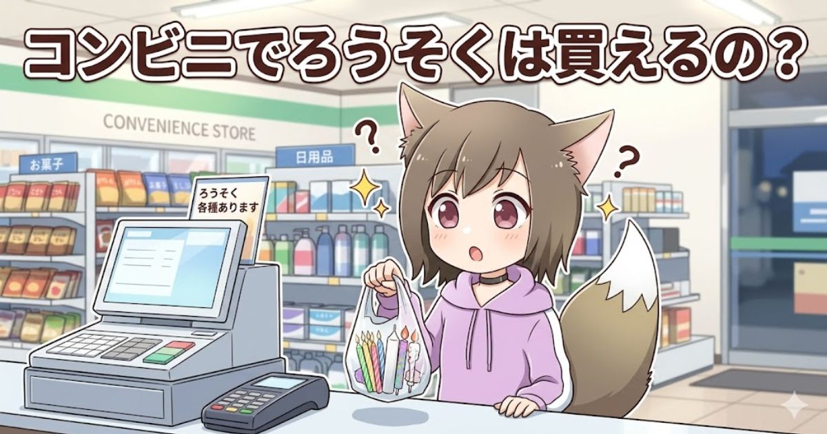 「コンビニでろうそくは買えるの？」という見出しと共に、コンビニのレジで色とりどりのキャンドルが入った袋を持つ、困り顔の猫耳キャラクターのイラスト。