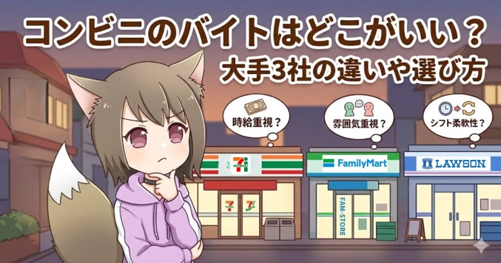 コンビニバイトで悩む女性のイラスト。「コンビニのバイトはどこがいい？」という吹き出しとともに、時給、雰囲気、シフトの柔軟性など、選ぶ基準が描かれている。