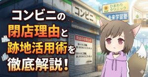 閉店したコンビニのシャッターの前で悲しげな表情を浮かべる女性キャラクターと、「コンビニの閉店理由と跡地活用術を徹底解説！」という記事タイトルが描かれたアイキャッチ画像。背景には跡地利用の例としてクリニックや学習塾の看板が描かれている。