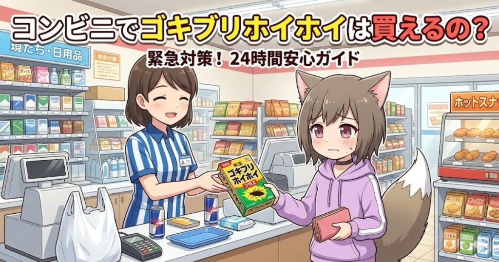 コンビニのレジで店員からゴキブリホイホイを受け取るキャラクター（MAYUMI）のイラスト。24時間購入可能な緊急対策をイメージ。