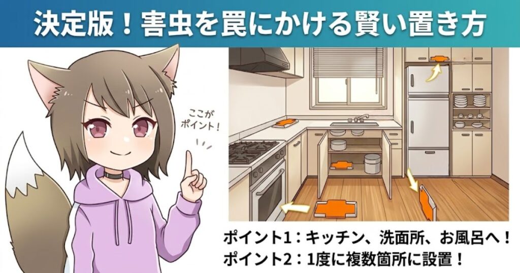 キッチンでのゴキブリホイホイの効果的な置き方解説図。冷蔵庫下やシンク下など、キャラクターが複数箇所への設置ポイントを指示。