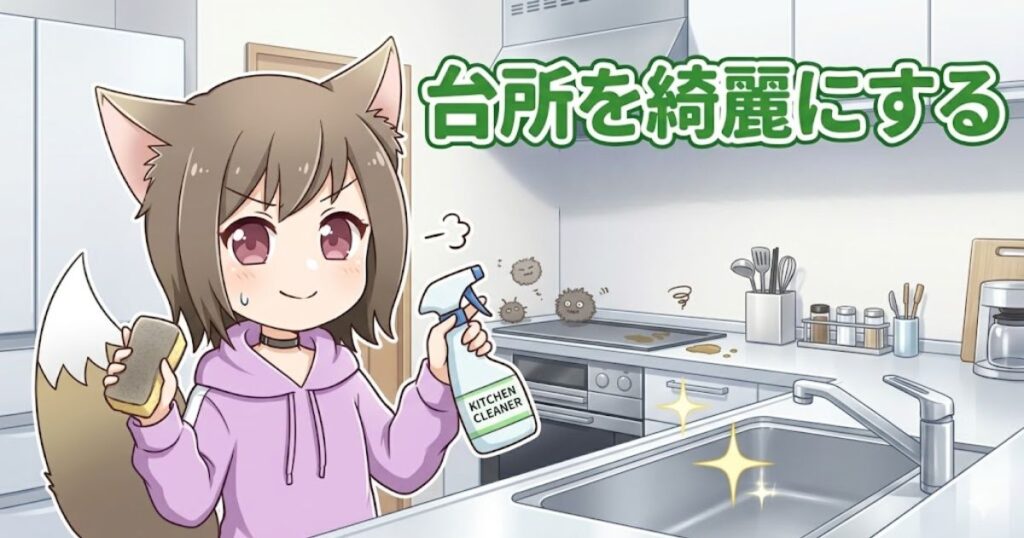 台所を掃除するキャラクター(MAYUMI)のイラスト。スポンジとクリーナーを持ち、シンクやコンロ周りを綺麗にする掃除のコツを解説。