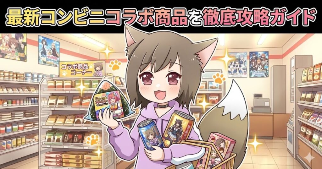 最新コンビニコラボ商品を徹底攻略ガイドというタイトルを背景に、コンビニ店内でコラボ商品のおにぎりやドリンクを手に持つ狐耳のキャラクターのイラスト。