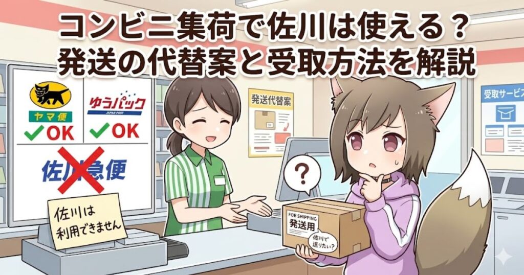 コンビニのレジで佐川急便の発送が不可であることを知り困惑する、猫耳の女の子のイラストアイキャッチ画像