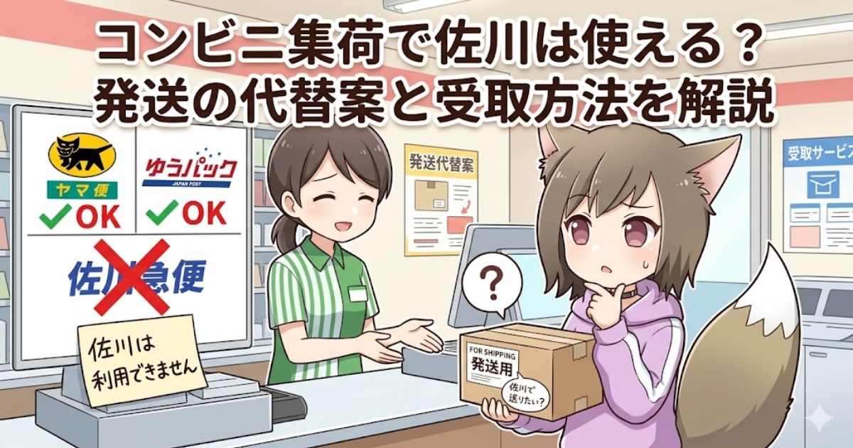 コンビニのレジで佐川急便の発送が不可であることを知り困惑する、猫耳の女の子のイラストアイキャッチ画像