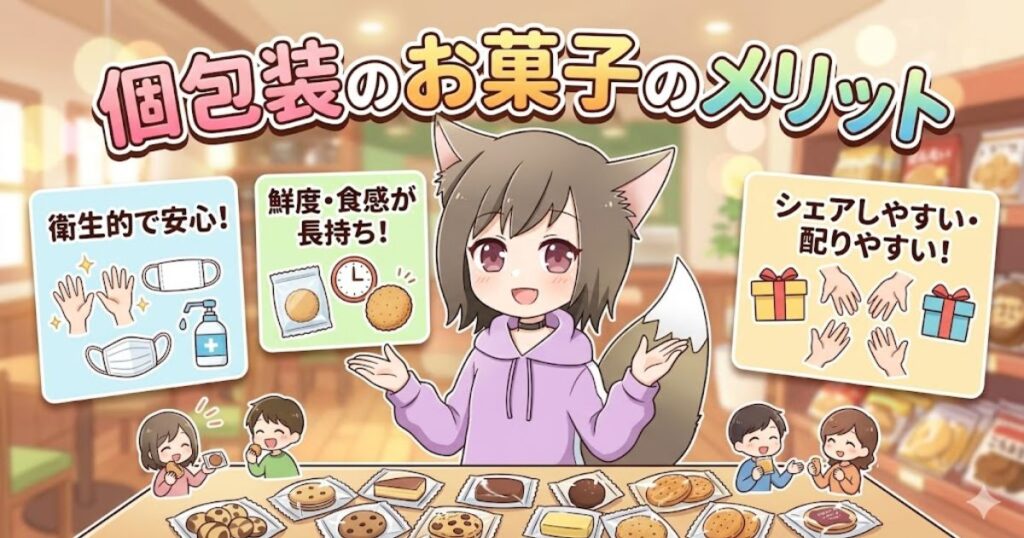 個包装のお菓子のメリット(衛生面、鮮度、シェアのしやすさ)を解説する、猫耳の女の子のイラスト。