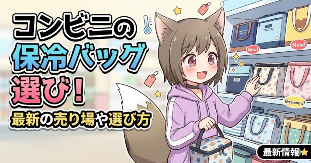 コンビニの保冷バッグ選びをテーマにしたアイキャッチ画像。アニメキャラクターの女性がコンビニ店内の棚で様々な保冷バッグを選んでいるイラスト。