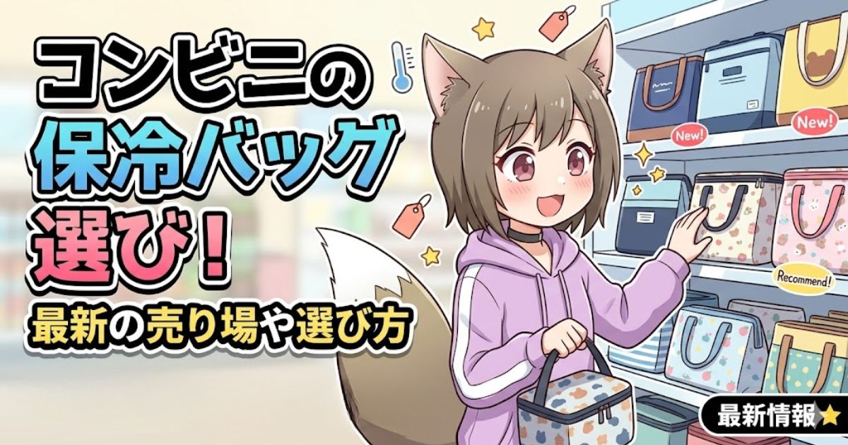 コンビニの保冷バッグ選びをテーマにしたアイキャッチ画像。アニメキャラクターの女性がコンビニ店内の棚で様々な保冷バッグを選んでいるイラスト。