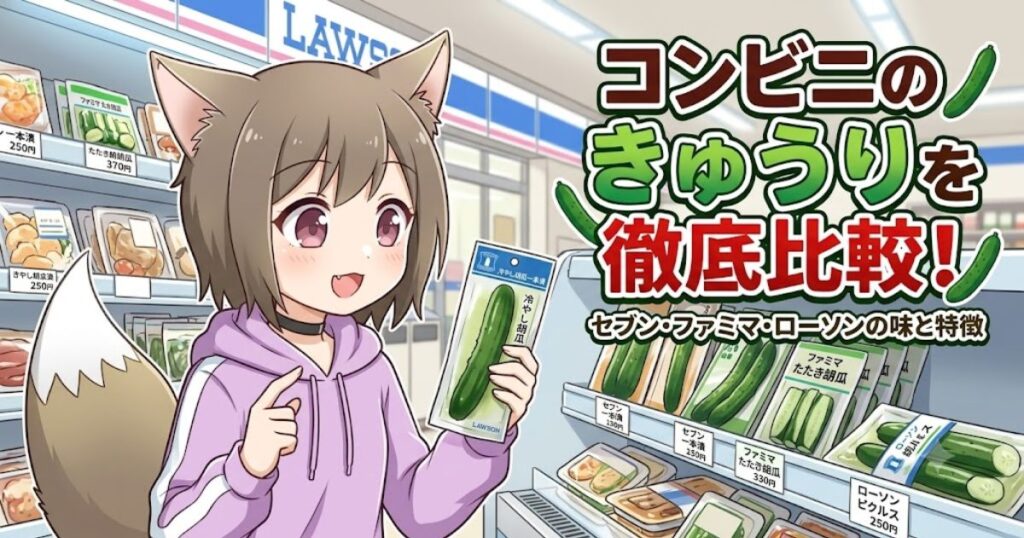 コンビニの棚の前で冷やし胡瓜の一本漬けを手に持つ、猫耳と狐の尻尾が生えたパーカー姿の女の子のイラストアイキャッチ