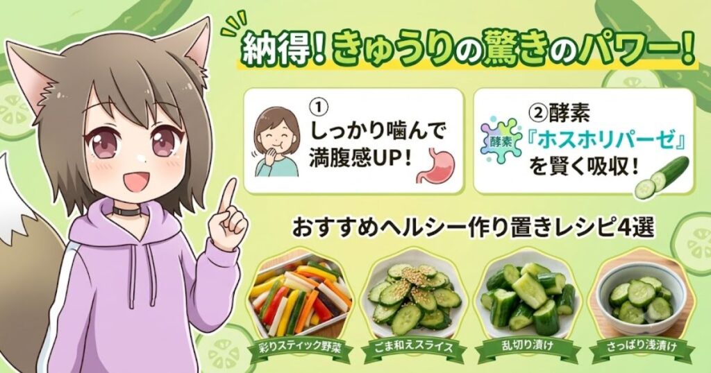 きゅうりの満腹感やホスホリパーゼの解説、おすすめヘルシー作り置きレシピ4選を紹介する、女の子のイラスト付き解説画像
