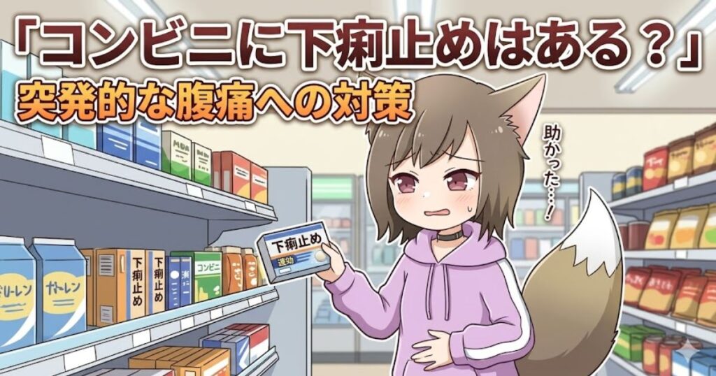 コンビニの医薬品コーナーで下痢止めを手に取りながらお腹を押さえる、困った表情のネコミミの女の子のイラストアイキャッチ画像