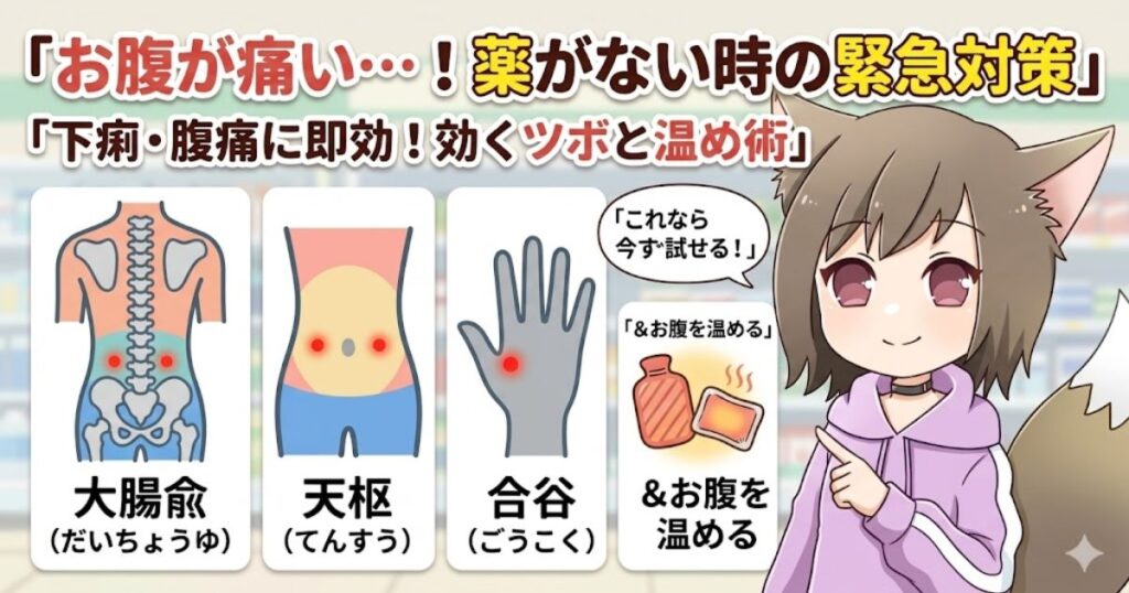 お腹が痛いときの緊急対策として大腸兪・天枢・合谷のツボの位置とお腹の温め術を解説するネコミミの女の子のイラスト図解
