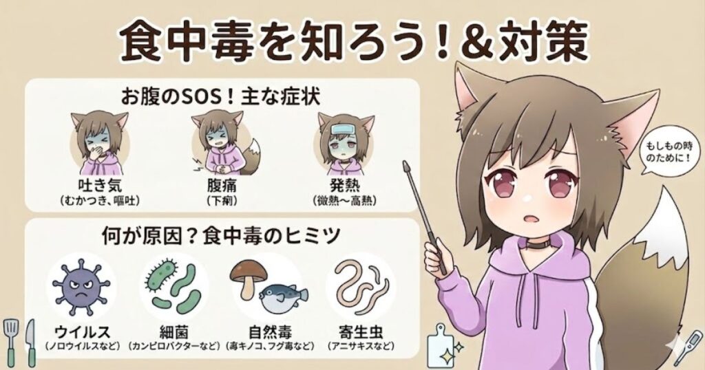食中毒の主な症状である吐き気・腹痛・発熱と、その原因となるウイルス・細菌などを指示棒で解説するネコミミの女の子のイラスト図解
