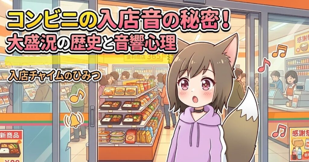コンビニの入り口に立つ狐耳の女の子のイラストと「コンビニの入店音の秘密！」の文字タイトル