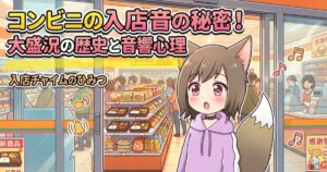 コンビニの入り口に立つ狐耳の女の子のイラストと「コンビニの入店音の秘密！」の文字タイトル