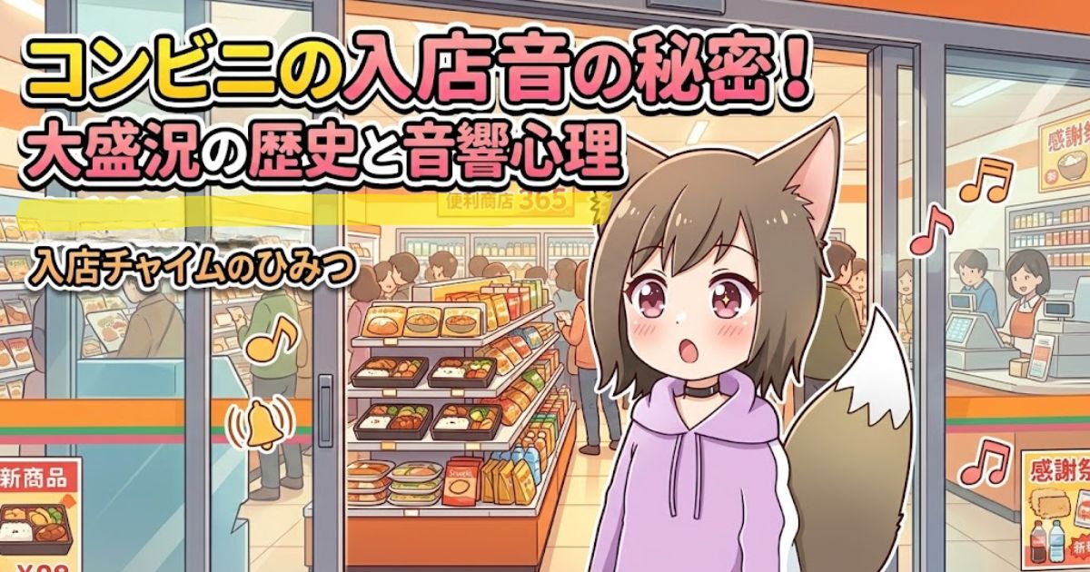 コンビニの入り口に立つ狐耳の女の子のイラストと「コンビニの入店音の秘密!」の文字タイトル