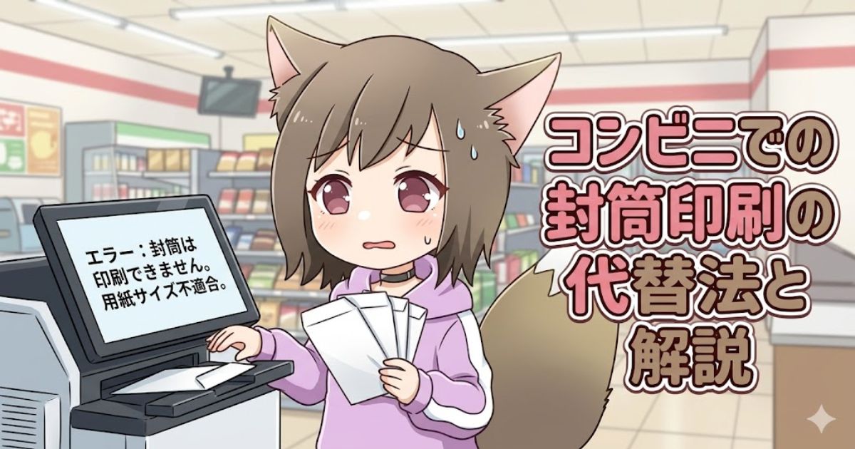 コンビニのマルチコピー機の前で、エラー画面を見て困った表情を浮かべる猫耳の女の子のイラスト。