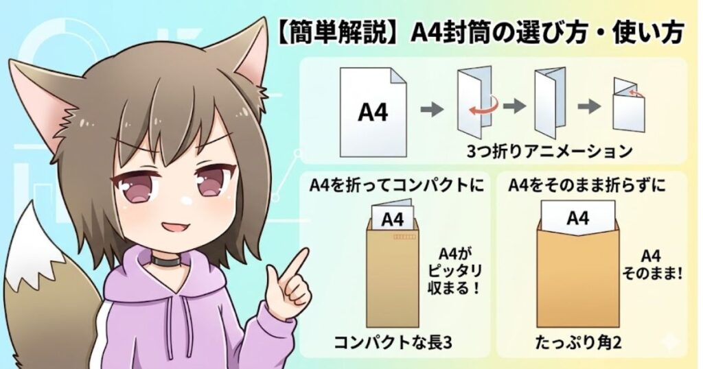 猫耳の女の子が「A4封筒の選び方・使い方」として、長3と角2サイズの違いを説明する図解イラスト。