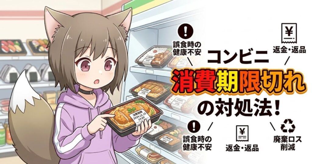 コンビニエンスストアで、狐耳のキャラクターが消費期限の切れたカツ丼弁当を手に持ち、困った表情を浮かべているイラスト。右側には「コンビニ消費期限切れの対処法！」のタイトルと、健康不安、返金・返品、廃棄ロス削減に関するアイコンが配置されている。