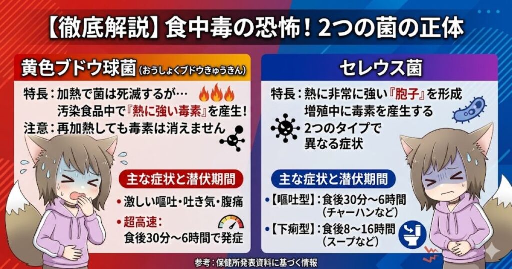 黄色ブドウ球菌とセレウス菌による食中毒の恐怖について、特徴、症状、潜伏期間などを比較解説するインフォグラフィック。左側には黄色ブドウ球菌の特徴と、激しい嘔吐を繰り返す狐耳キャラクターのイラスト。右側にはセレウス菌の特徴と、下痢に苦しむ狐耳キャラクターのイラストが描かれている。