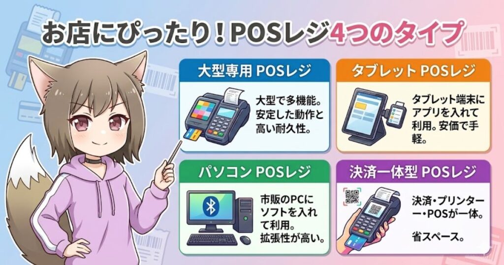 お店にぴったりのPOSレジ4つのタイプ（大型専用POSレジ、タブレットPOSレジ、パソコンPOSレジ、決済一体型POSレジ）を比較解説するインフォグラフィック。左側には狐耳キャラクターが指示棒を持って立ち、それぞれのレジのイラストと特徴、メリットが説明されている。